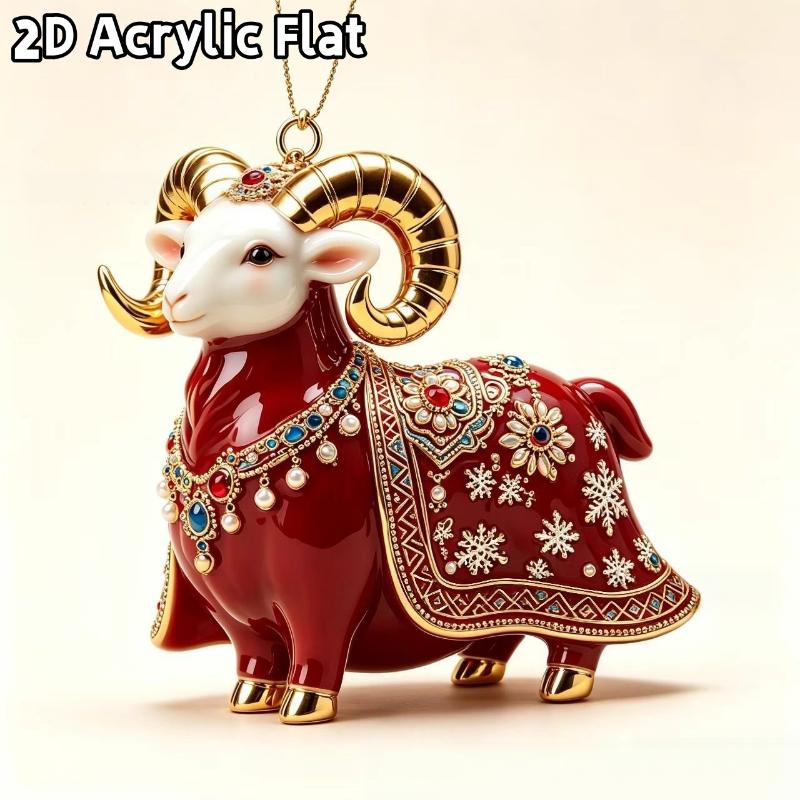2D Flat Acrylic Christmas Hanging Pendant Red Gold Chinese Zodiac Goat Xmas Tree Ornament New Year Car Pendant