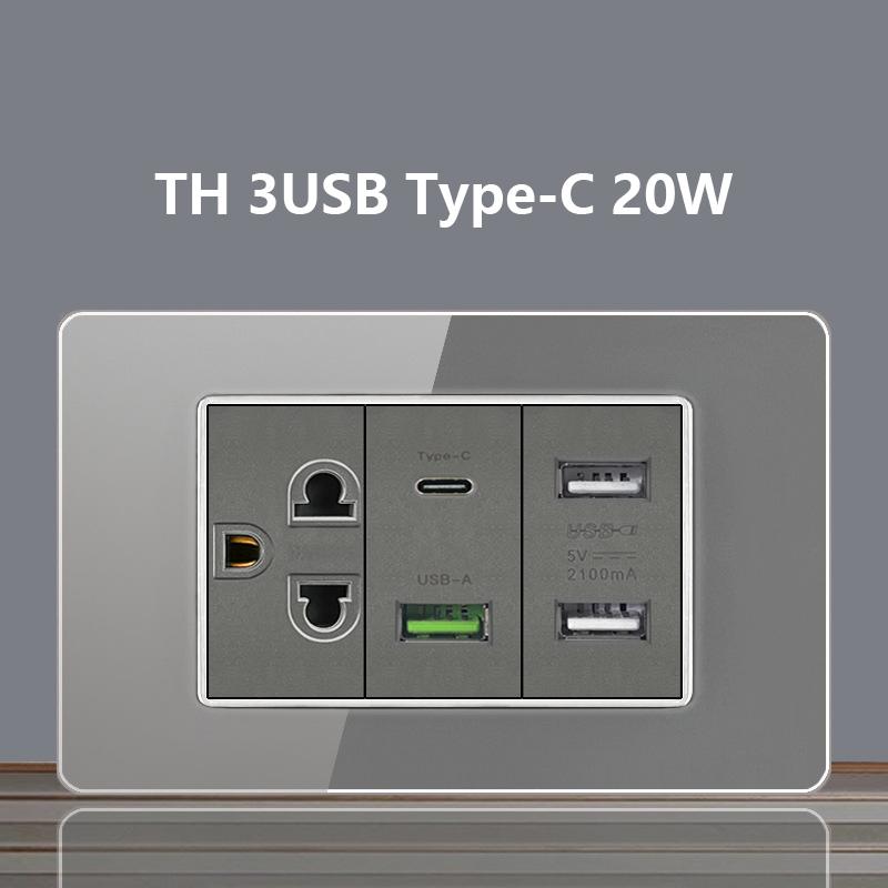 Italy Chile Socket with USB Smart Type-c 20W Fast Charging Glass Wall Electric Light Switch,Thai US Brazil Dual USB Power Socket