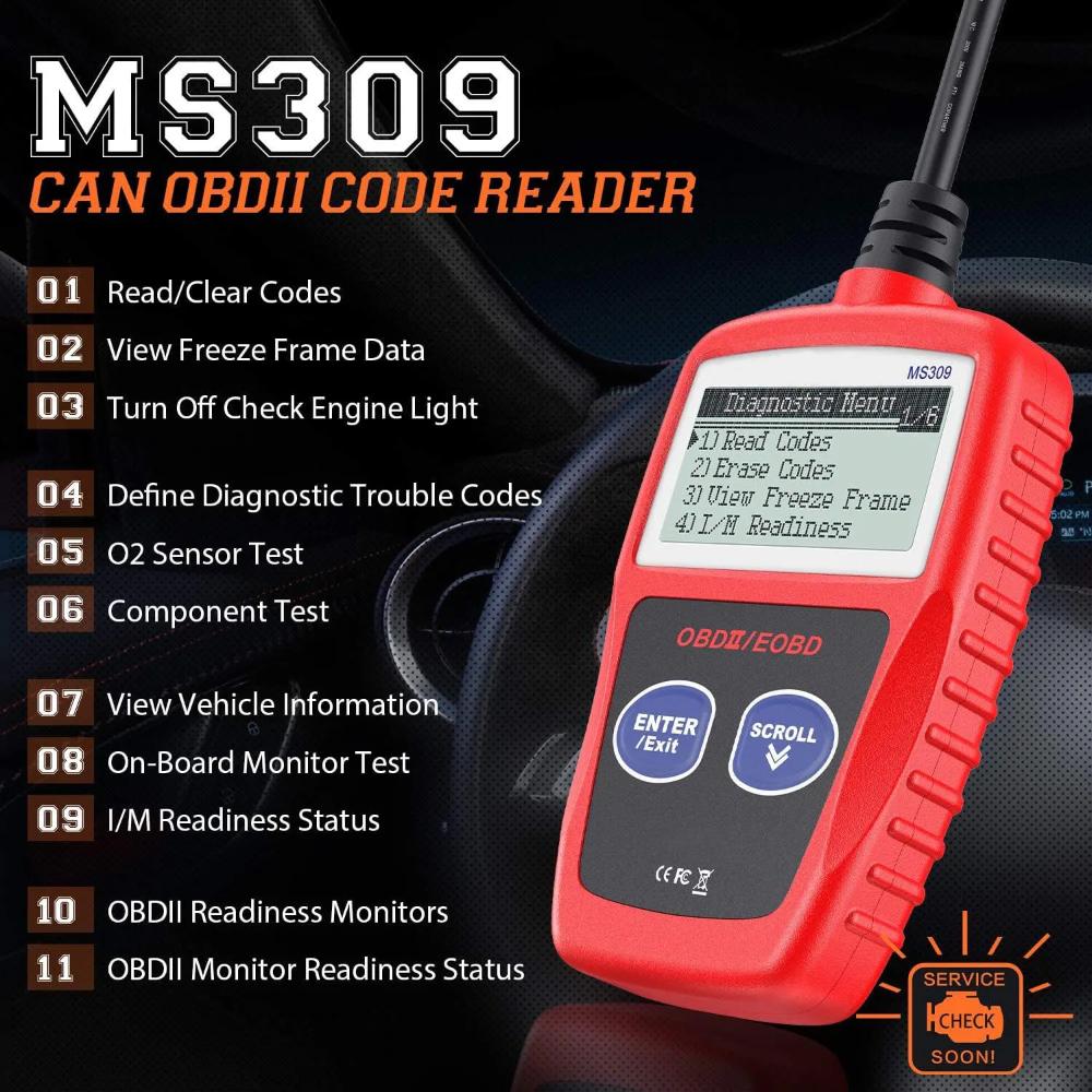 MS309 Čtečka kódů závad automobilu Přesný diagnostický nástroj motoru skener kontroluje kontrolku motoru a stav monitorování emisí