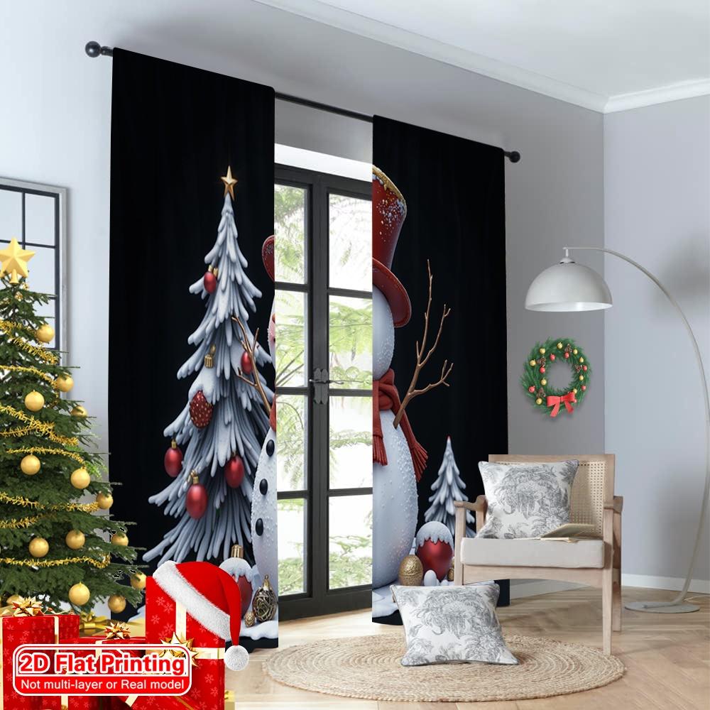 2pcs 2D flat printing Christmas Scene Curtain Happy Snowman Christmas Ornaments Fabric Without Electricity Family Party Use for