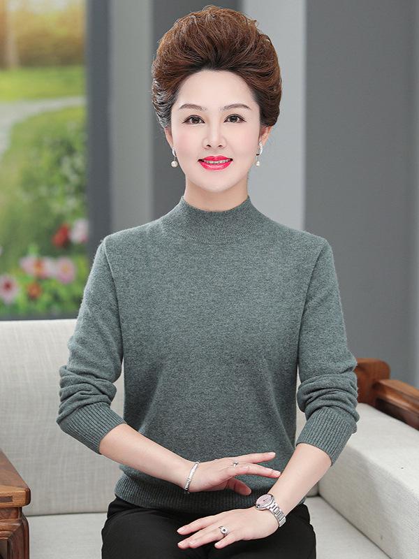 Women's 100% Pure Wool Sweater - Thick, Half High Neck for Middle-aged & Elderly, Autumn/Winter