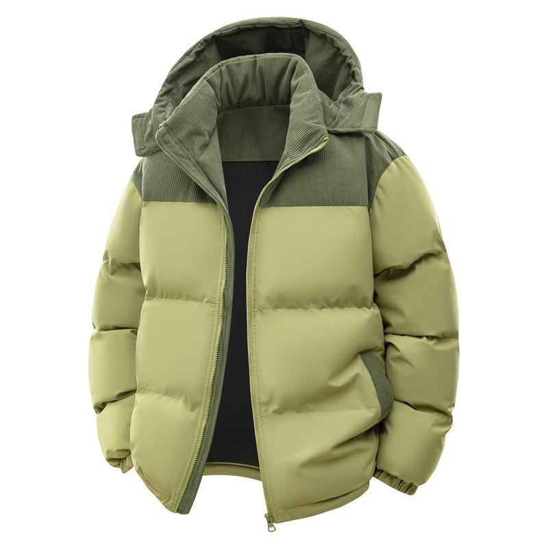 Mens Winter Warm Thick Cotton Puffer Jacket With Hood Color-Block Design Faux Fur Trim Loose Fit Casual Outdoor Wear