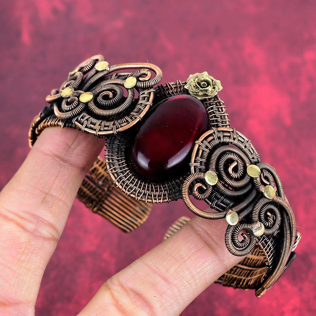 Red Fire Labradorite Cuff Bracelet Copper Wire Wrapped Bangle Adjustable Gemstone Cuff Bracelet Handmade Bangle Flower Jewelry Gifts for Mom