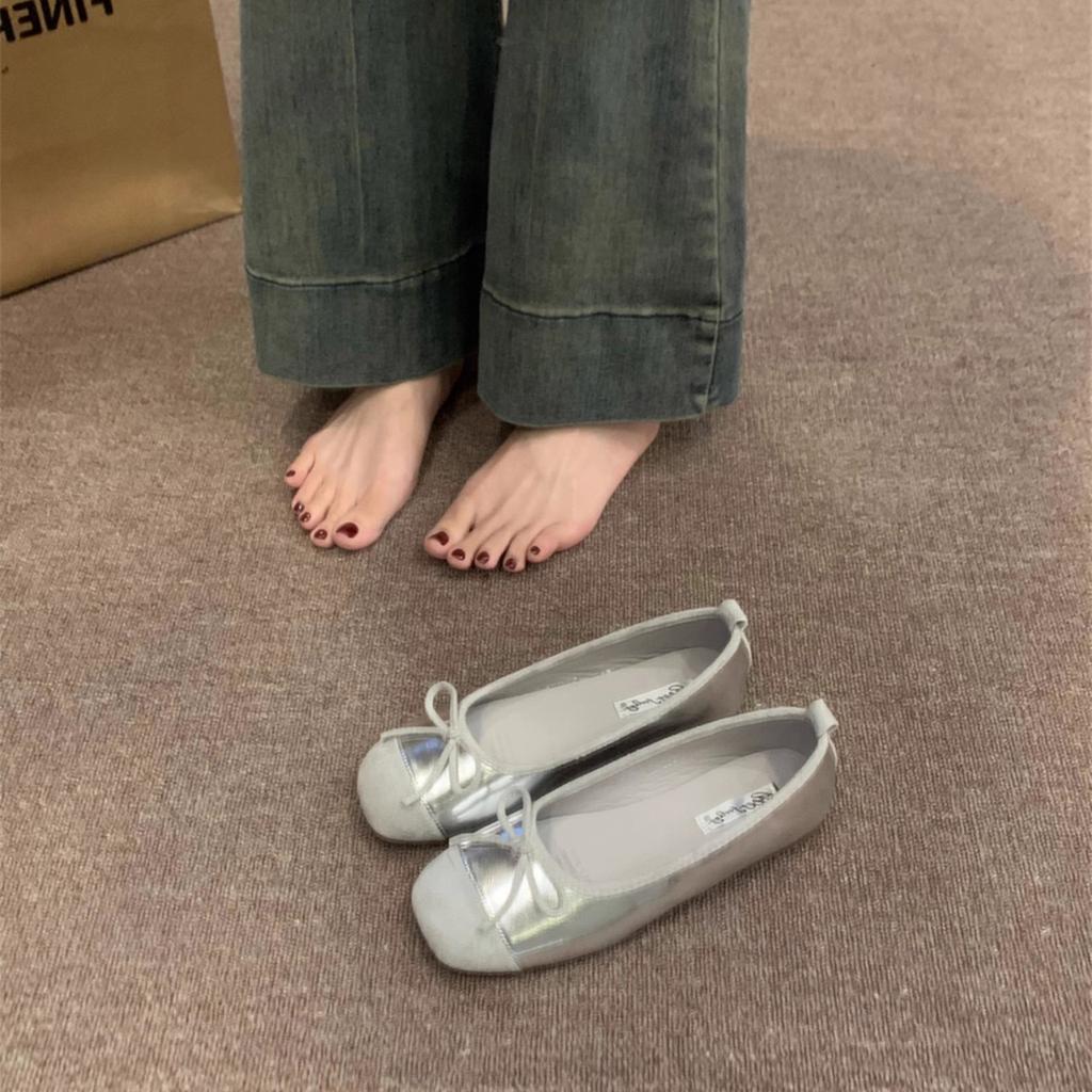 Soft-soled red spring and autumn gentle small single shoes women's shoes flat-soled 2025 evening shoes French silver ballet shoes