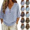 Women V Neck Vintage Floral Print Loose Fit Short Sleeve T Shirt Linen Blend Casual Top with Button Detail