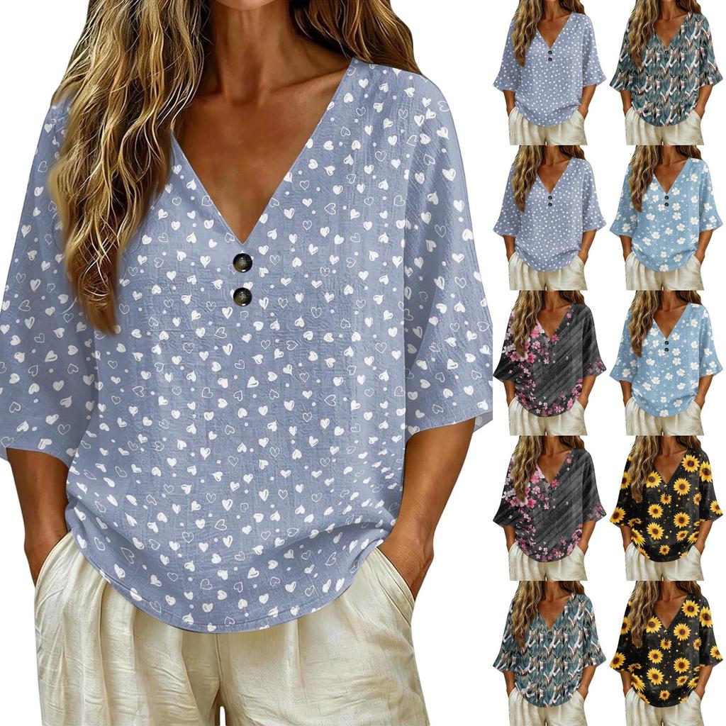 T-shirt da donna con scollo a V, stampa floreale vintage, vestibilità ampia, manica corta, misto lino, top casual con dettaglio a bottone