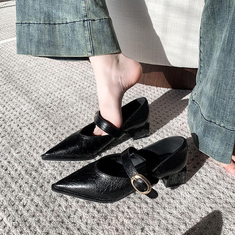 Pointed French single shoes retro temperament word Mary 2025 new silver thick heel middle heel shoes spring and autumn wear