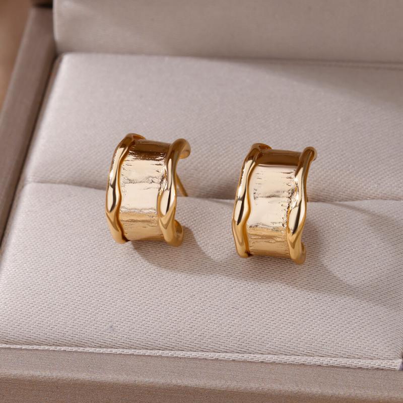 Stainless Steel Earrings for Women C Shaped Wide Gold Plated Piercing Hoop Stud Earring Female Fashion Jewelry Accessories Gift