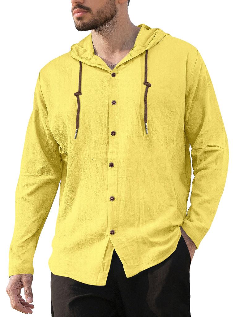 Men's 100% Cotton Hooded Drawstring Shirt, Solid Color Loose Fit Long Sleeve Casual Beach Overshirt for Men