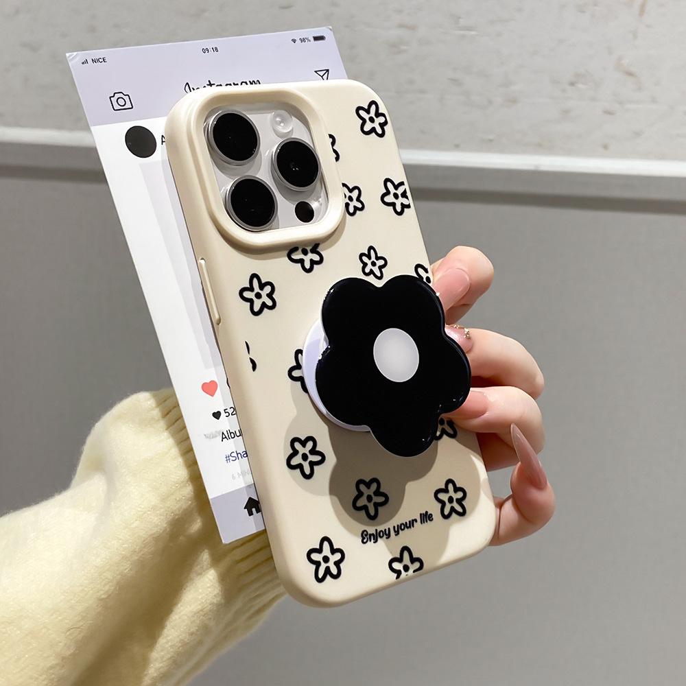 Applicable to iphone16/17Promax all-inclusive anti-drop mobile phone case Apple 15/14 black flower bracket protective case 13
