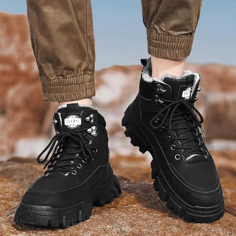 2024 New Men's Boots Plush Winter Thick Sole Lace Up Work Shoes Fashionable Coldproof Warm Cotton Short Boots Botas Para Hombre