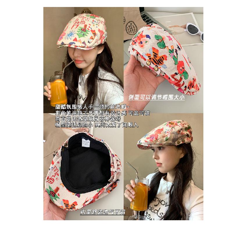 Japanese-style Playful Graffiti Beret for Women, Niche Backwards-worn Forward Cap, Funny Newsboy Cap That Makes the Face Look Smaller, Trendy