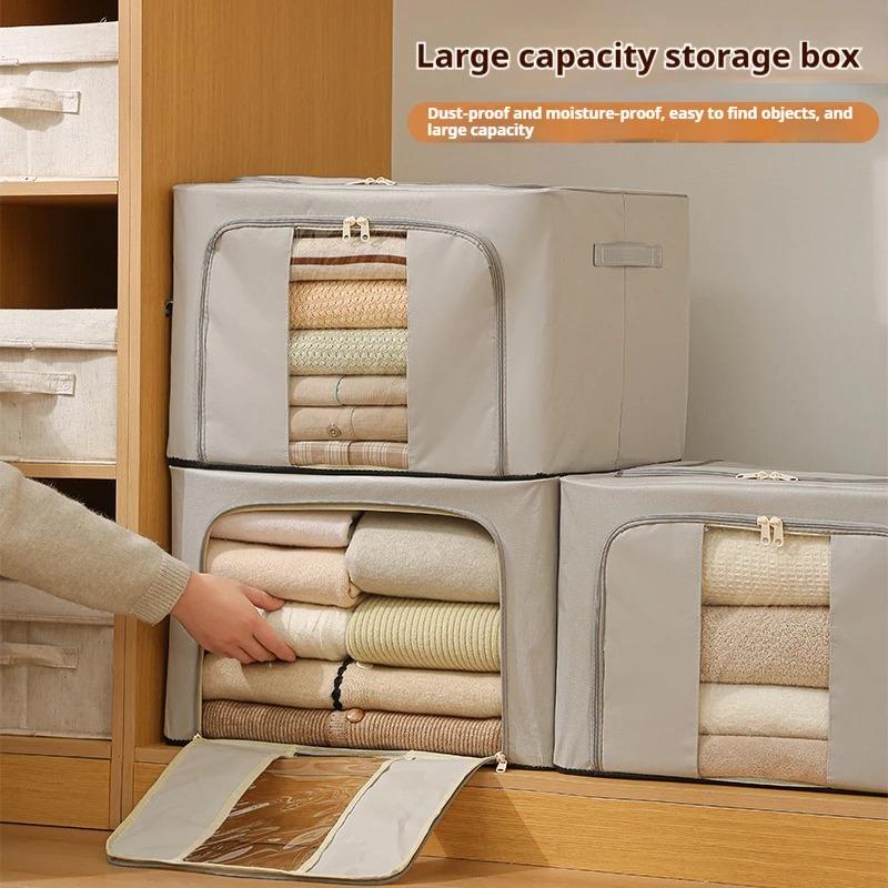 Storage Box with Steel Frame Oxford Foldable Dustproof Large Capacity Down Jacket Quilt Clothes Wardrobe Space Saving Organiser