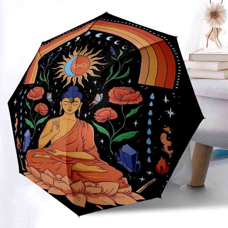 1pc Meditation Harmony Automatic Folding Umbrella - Compact 8-Rib Design, Durable Plastic & Iron, Lightweight for Outdoor Daily Use098