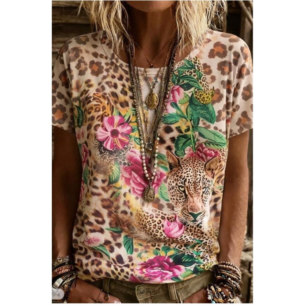 Mode Damen Retro Kreativ Leopardenmuster Nähmuster T-Shirt Lustig Lässig Rundhals Kurzarm T-Shirt Sommer Damen T-Shirt