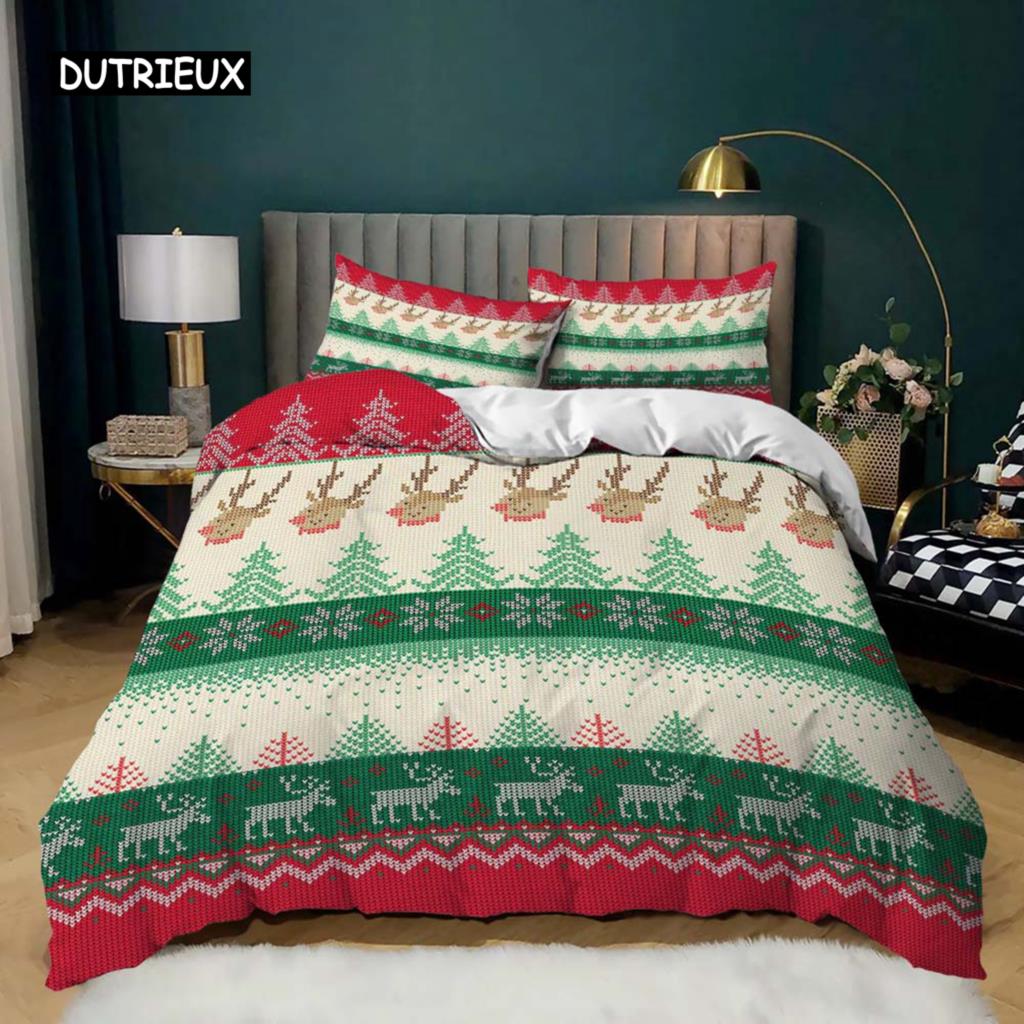 Christmas Duvet Cover Set King Size Winter Snowflake Elk Car Pattern Microfiber Soft Comforter Cover Christmas Theme Quilt Cover