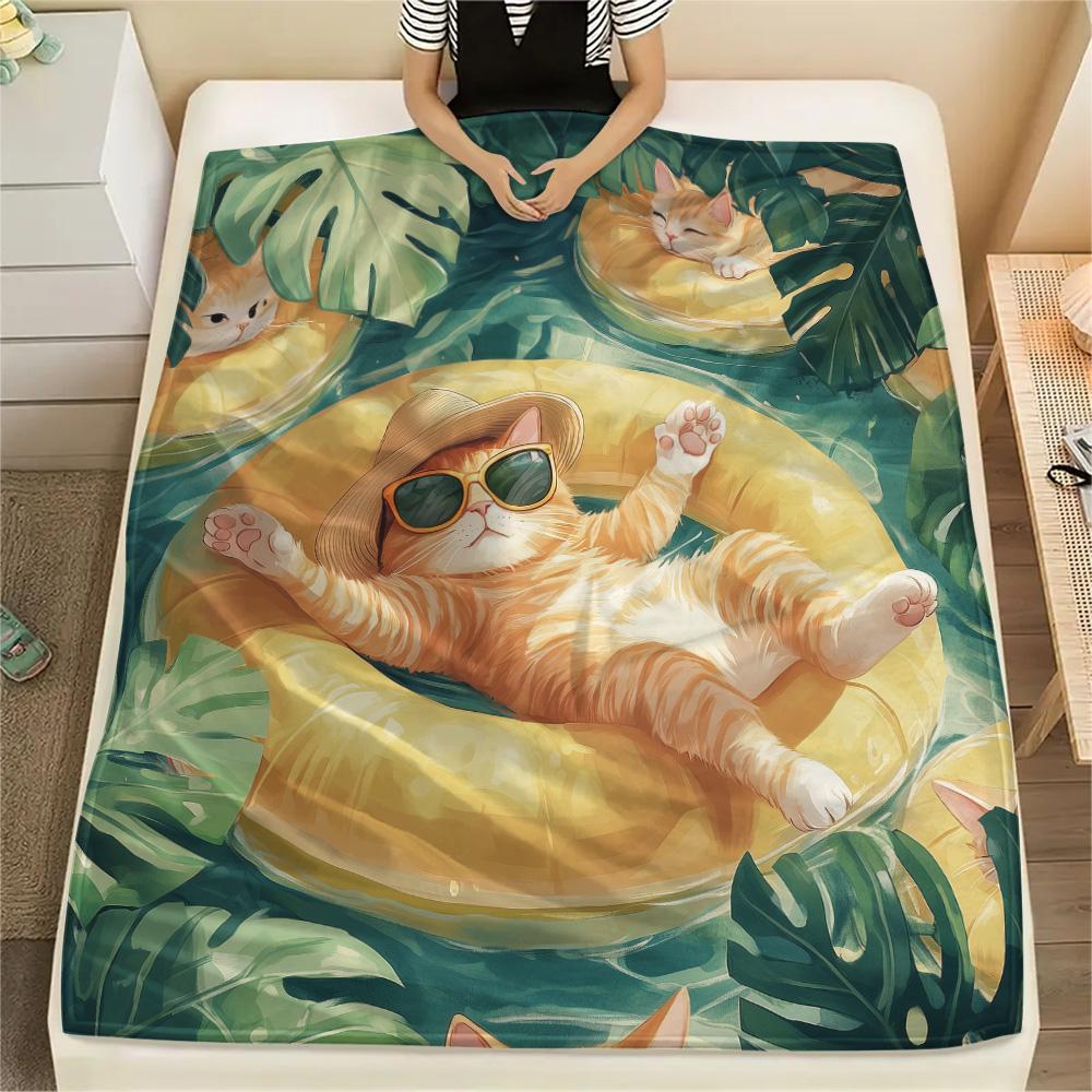 Cats with Swim Rings  Print Flannel Blanket, High quality Comfortable for All Seasons, Home Decor, Warmth and Comfort