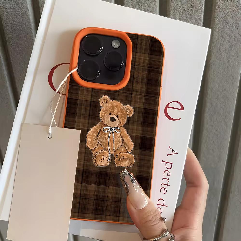 

Retro Plaid Cute Bear Pattern Phone Case For iPhone 17 Pro Max 16 Plus 15 Pro 14 13 12 11 XR 17Air Lychee Textur Soft Cover iPhone XS Max оранжевый