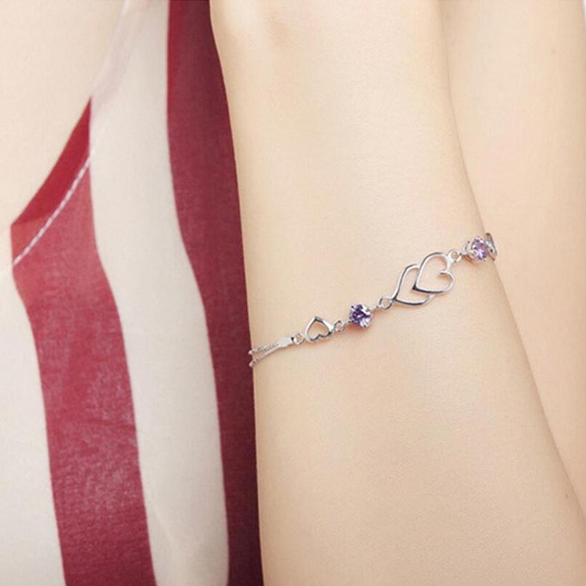 925 Sterling Silver New Heart To Heart Bracelet Fashion Female Models Cute Vintage Wild Super Flash Jewelry Purple Crystal
