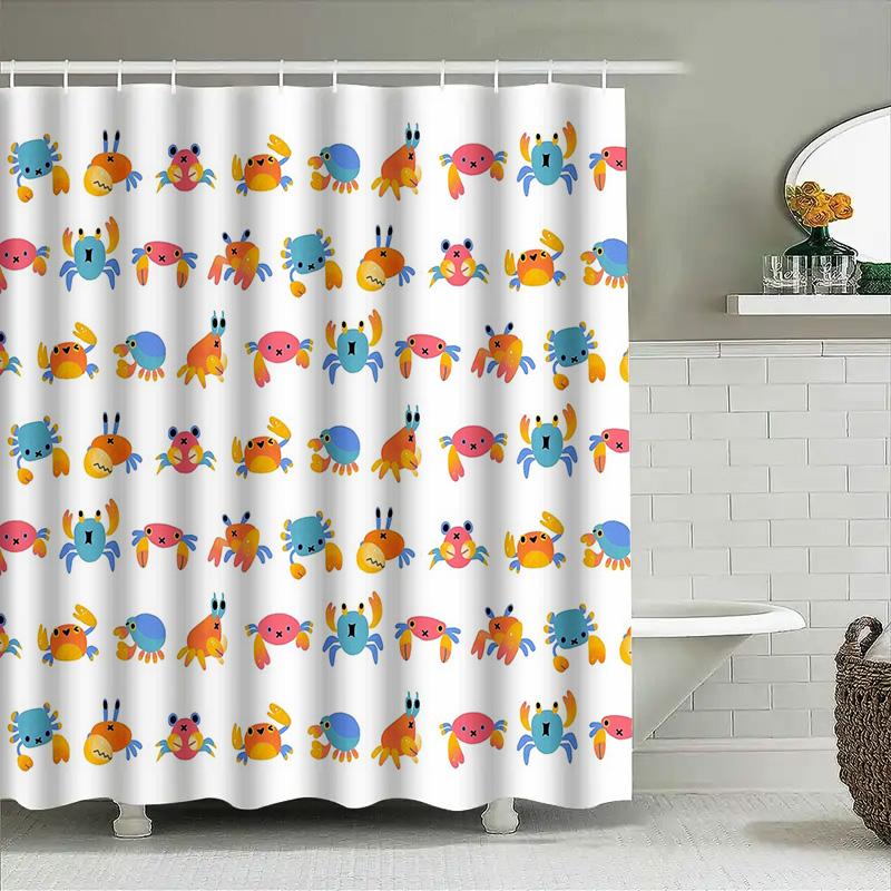 Cute Crab Ocean Shower Curtain Sea Animal Bathroom Decor Waterproof Fabric Liner Set For Kids Room