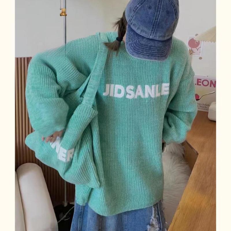 

Two Piece Set of Women s Sweater with Bag Solid Color Round Neck Lady s Pullover Korean Loose Long Sleeved Top for Female One Size озеро синього кольору