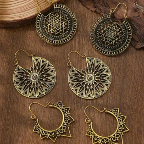 Bohemian Carved Hollow Heart & Geometric Semicircle Earrings