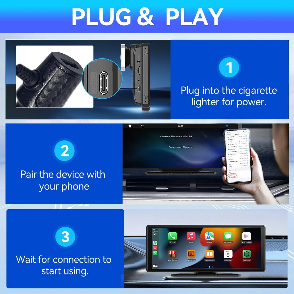 10 Inch High Definition Car Display Screen Portable Wireless Carplay Android Auto GPS Navigation AR Audio Receiver Mirror Link