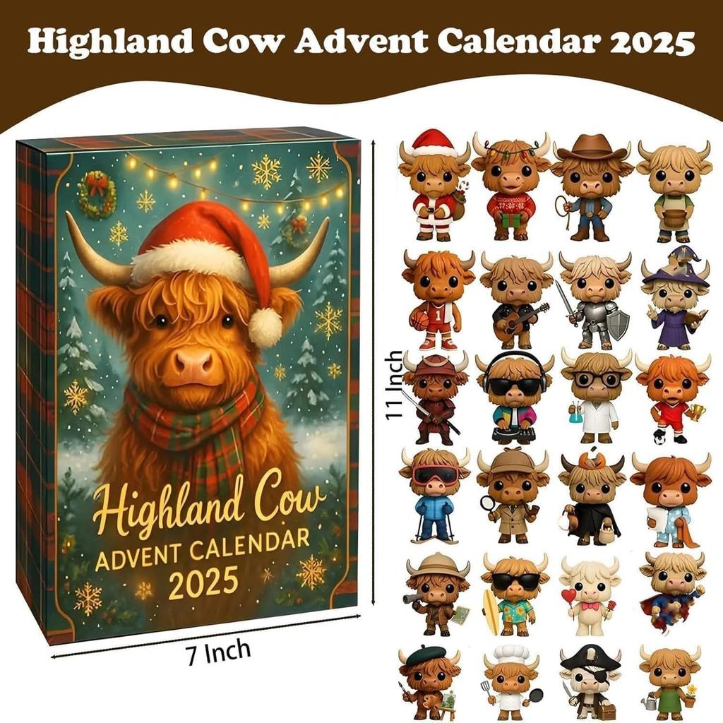 Christmas Highland Cow Advent Calendar 24 Days Christmas Countdown Calendar 3D PVC Highland Cow Ornaments Xmas Christmas Gifts