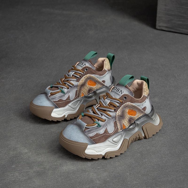 

Жіночі туфлі на підошві з натуральної шкіри Johnature весна осінь ретро на шнурівці повсякденні лофери з круглим носком 39 хакі