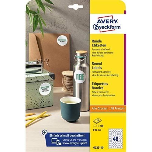 Étiquettes Rondes - AVERY ZWECKFORM - 6223-10 - 30 Mm - 480 Pastilles Adhésives - Blanc