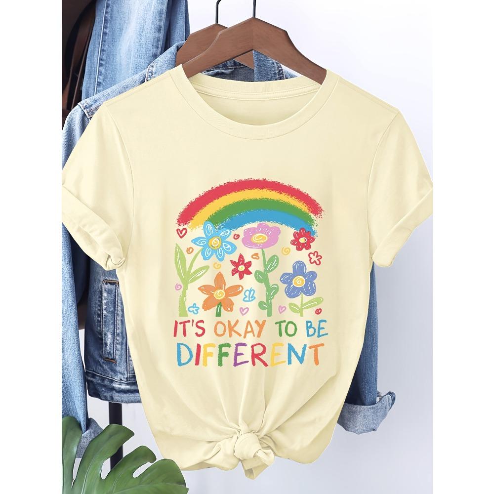 

Women s Short Sleeve T-Shirt Rainbow Floral Graphic It s Okay To Be Different Letter Printed Summer Casual Round Neck Top S