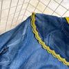 Runway Elegant Women Ruffled Collar Cowboy Shirt Dress New Vintage Summer Embroidey Flower Single Breasted Denim Long Dresses