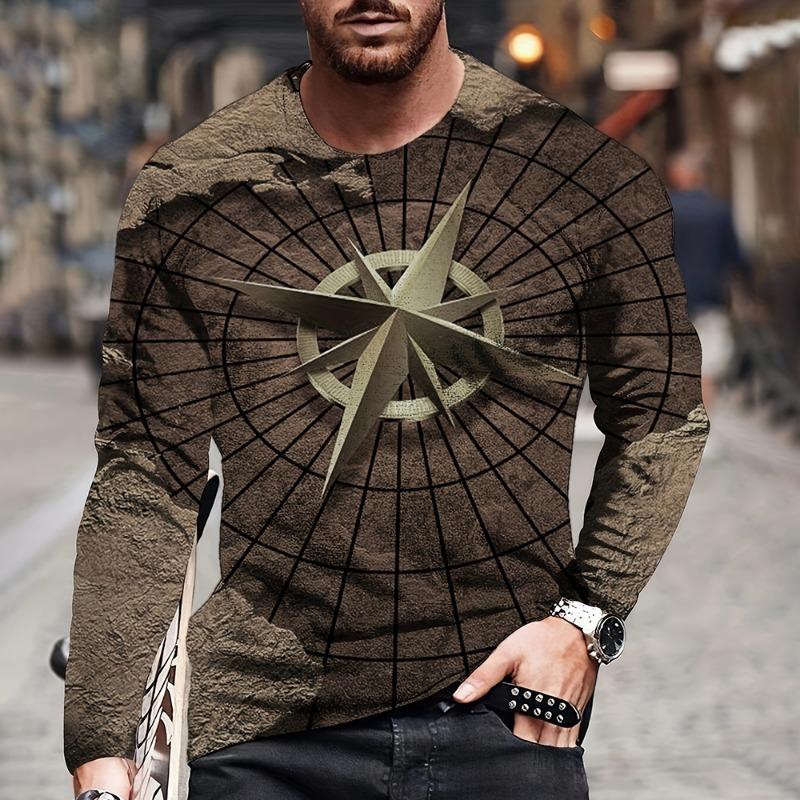 Vintage Herren Langarm T-Shirt Mode Kreuzmuster Langarm 3D Kleidung Seekarte Print Street Harajuku Übergroß