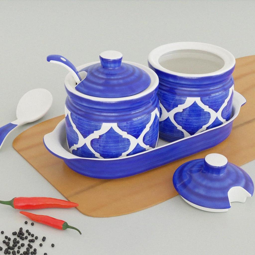 (Set of 2) 220 ML Each Handcrafted Ceramic Pickle Jar/barni with Lid, Tray and Spoon Moroccan Blue