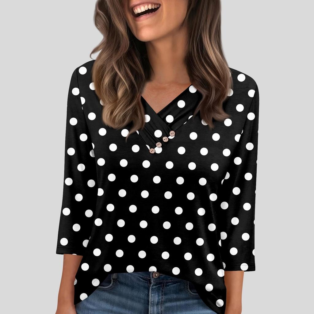 Damen T-Shirt Tee Knopf 3/4 Ärmel Tunika Täglich Wochenende Mode Basic V-Ausschnitt Reguläres Oberteil