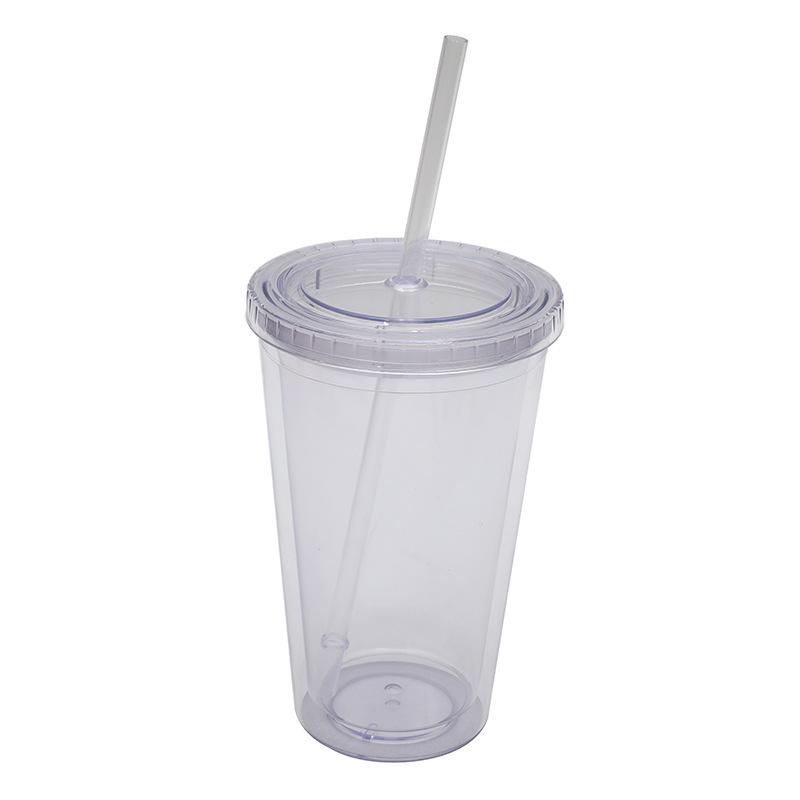 Customizable 16OZ Double-Layer Plastic Straw Cup with Lid and Logo
