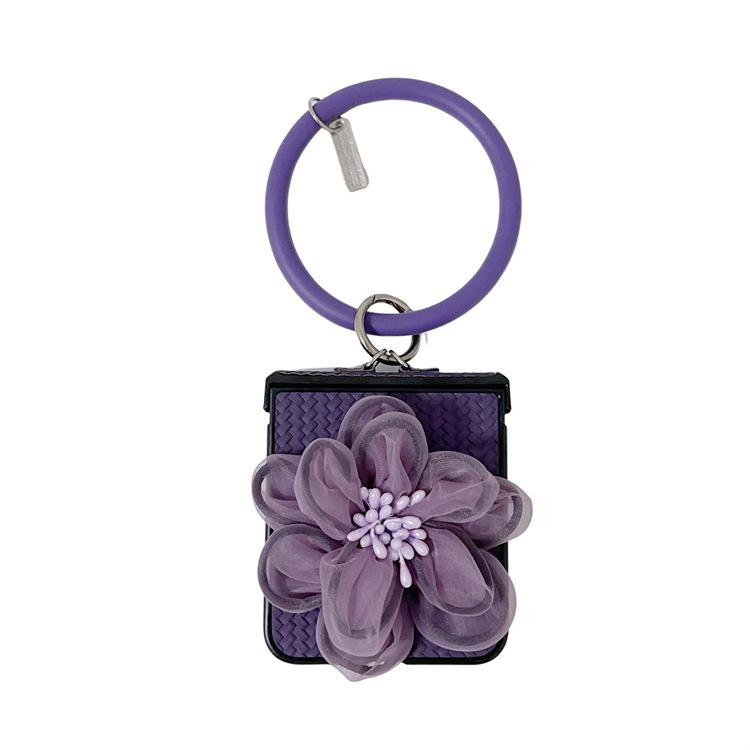 Applicable To Samsung ZFlip5 Mobile Phone Case Straw Mat Pattern Leather Case Flower Portable Hanging Ring Zflip4 Folding Protective Case