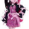 Monster High doll, Dracula ura in a pink bow dress, black cardigan with pet bat count, fabulous, ramen, lipstick, wallet and 7 other accessories,
