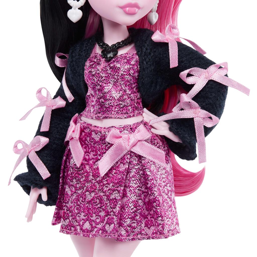 Monster High doll, Dracula ura in a pink bow dress, black cardigan with pet bat count, fabulous, ramen, lipstick, wallet and 7 other accessories,