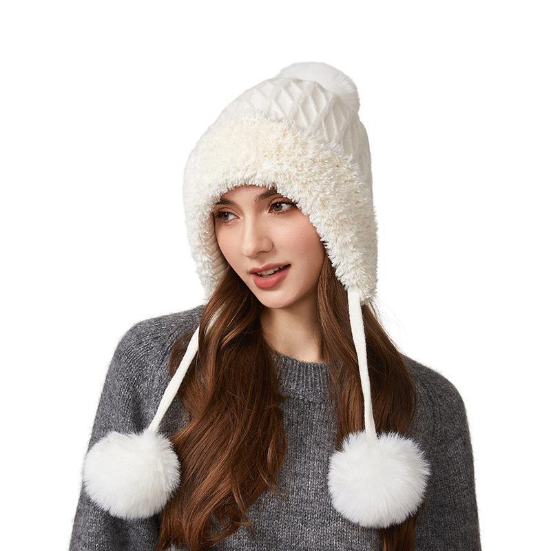 Autumn Winter Women's Three-Hair Ball Velvet Thick Cold Ear Protection Warm Knitted Cap