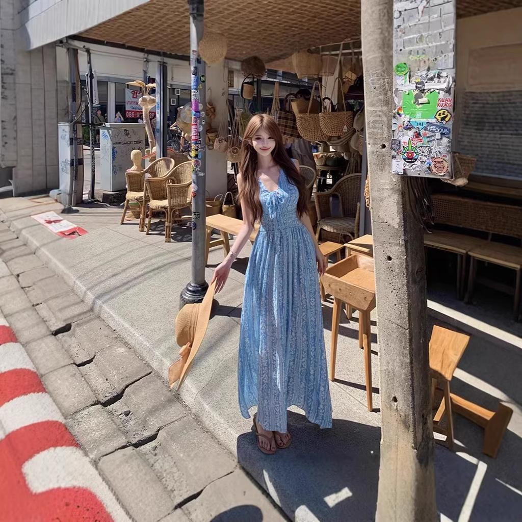 Blue French temperament sleeveless neck sling dress children niche fairy seaside vacation super good-looking long dress