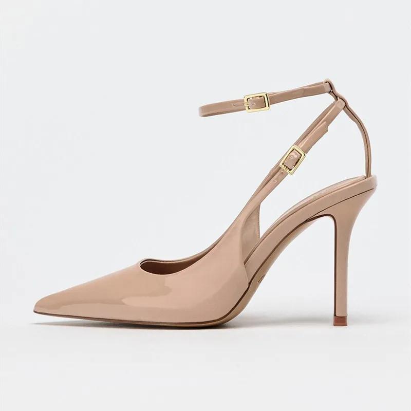 Fashion Nude Patent Leather Ankle Strap Buckle Women Pumps Sexy Pointed Toe Stiletto Heels Summer Stiletto Heels Party Shoes Sandalias