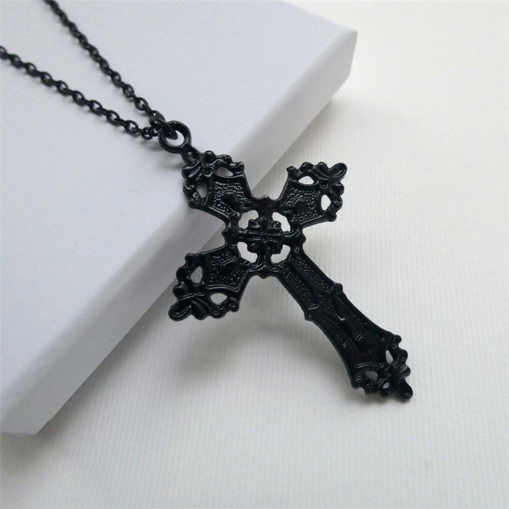 Gothic Punk Black Hollow Out Relief Pattern Cross Pendant Necklace for Women Men Hallowmas Party Hip-hop Rock Jewelry Gifts
