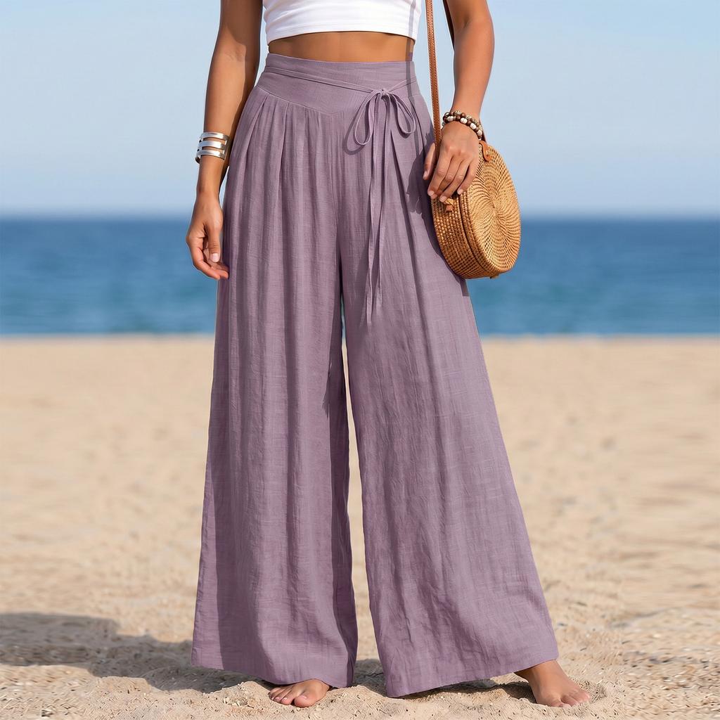 Women's High Waist Wide Leg Pants Linen Blend Casual Loose Fit Pleated Palazzo Trousers with Tie Detail and Elastic Waistband