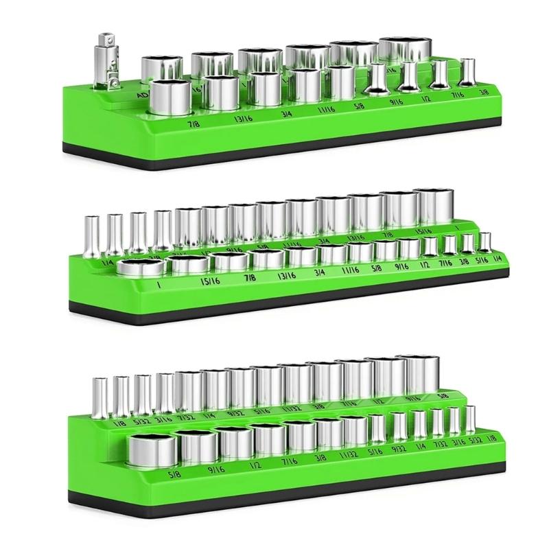 

Professional Socket Tray Organizers Tray, Magnetic Base for Easy Storage Metric Sockets in 1/2, 3/8 & 1/4Inch Drive зелений