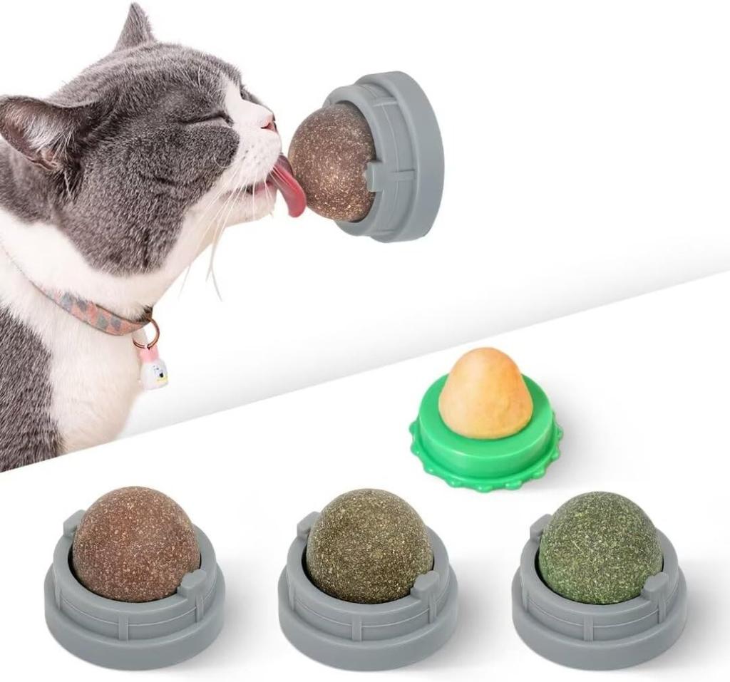 Catnip Toys Balls 4Pcs,Extra Cat Energy Ball,Edible Kitten Silvervine Toys for Cats Lick,Healthy Kitty Teeth Cleaning Dental Chew Toys,Cat Wall Treats