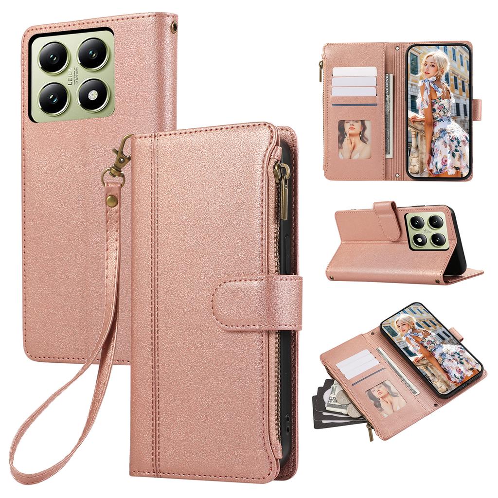 For Xiaomi 14T Case Multi Card Slots Zipper Leather Phone Cover with Wrist Strap