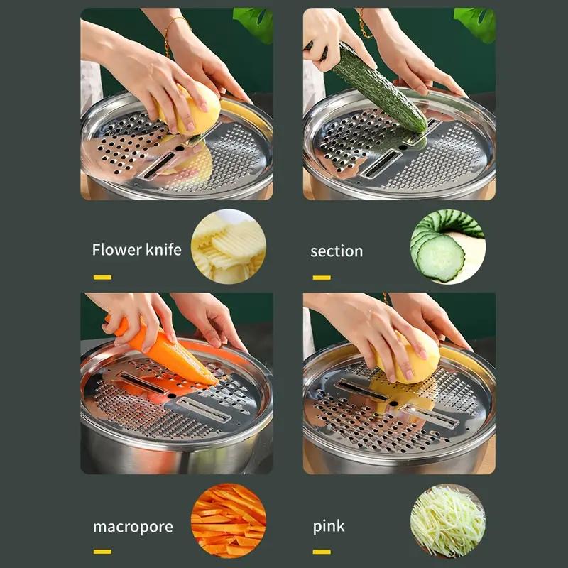 Grater Basin for Fruits Vegetables Kitchen Tool Slicing Cutting Fruits Vegetables 5-in-1 Stainless Steel Basin Multifunctional Vegetable Cutter
