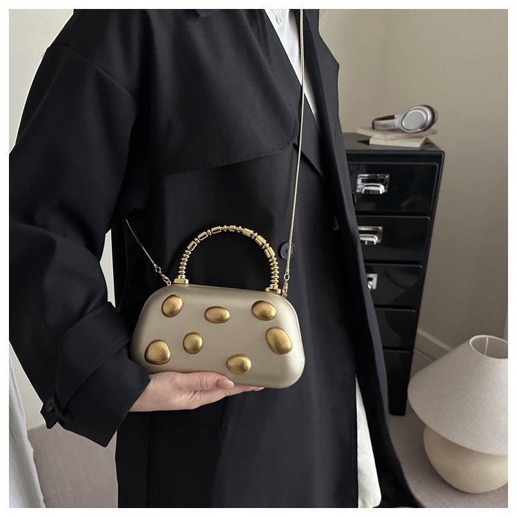 Gold rivet metal Box Clutch Bag women evening wedding party cute purse bag handbag yellow color autumn winter