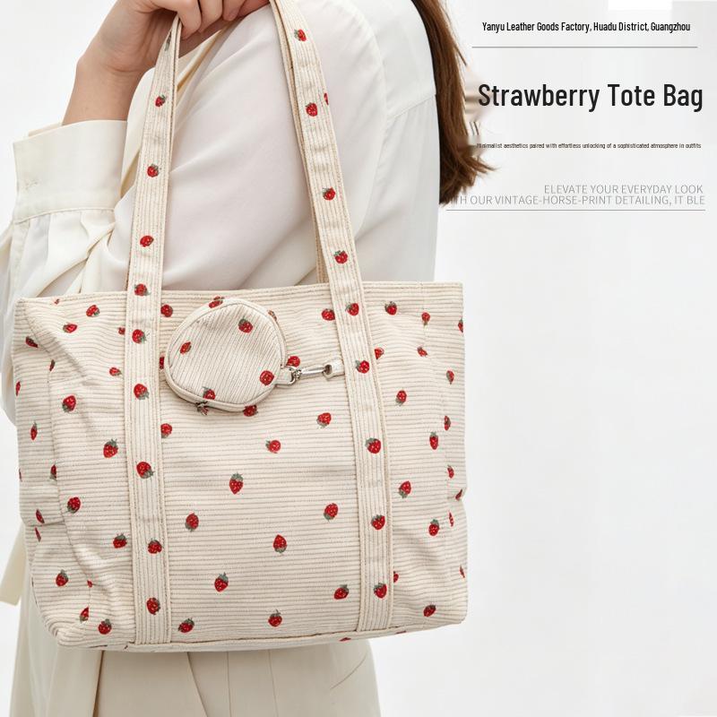 Cute Strawberry Floral Canvas Shoulder Bag for Students with Large Capacity